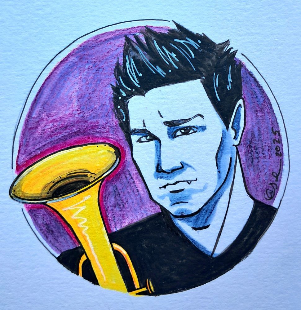 Illustration of Angel, from the TV series Buffy, holding a trumpet and gazing moodily at the viewer. 