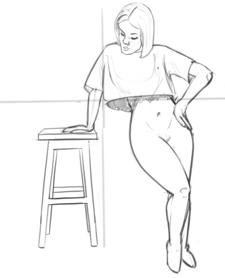 A digital sketch of a woman in a crop-top shirt leaning on a stool.