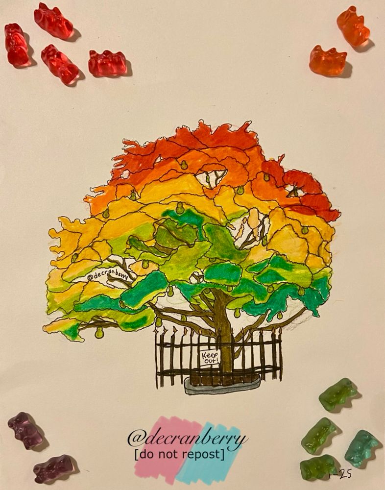 A pen drawing of a rainbow colored tree with all the shades of fall changing leaves from top to bottom being red, orange, yellow, and green. The tree is guarded by a wrought iron fence encircling it and a sign saying “Keep out!” Multicolored gummy bears are used to hold down the corners of the paper.