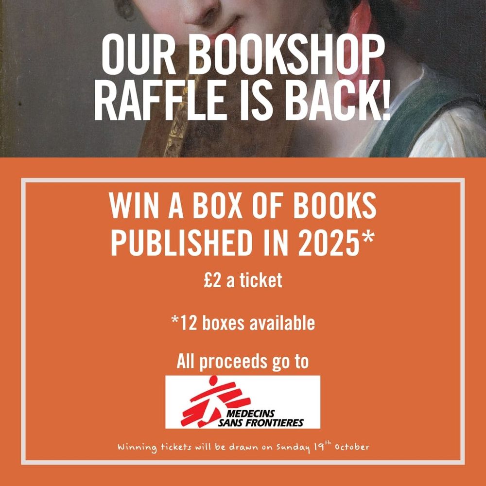 Showcard advertising the charity book raffle in the Edinburgh Bookshop to raise funds for MSF