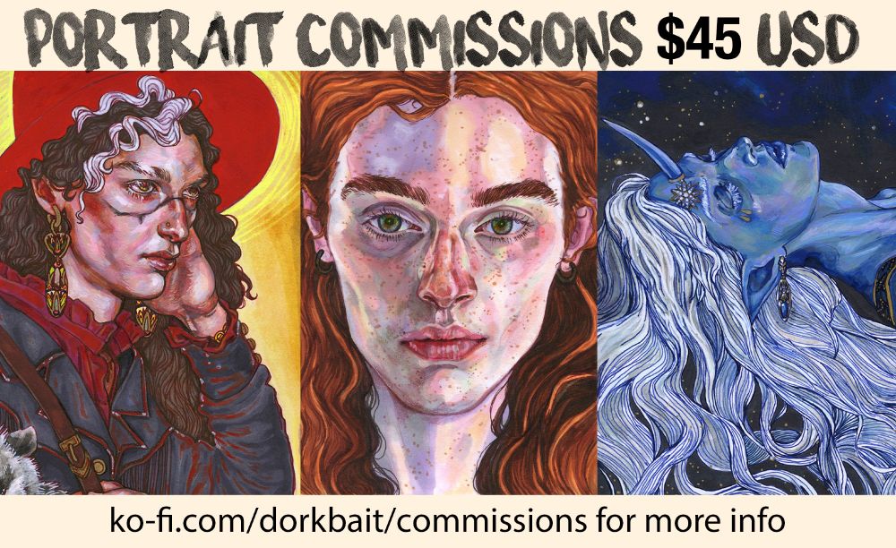 a banner stating "portrait commissions $45 USD" with 3 examples of recent portraits and an URL to ko-fi.com/dorkbait/commissions for more information