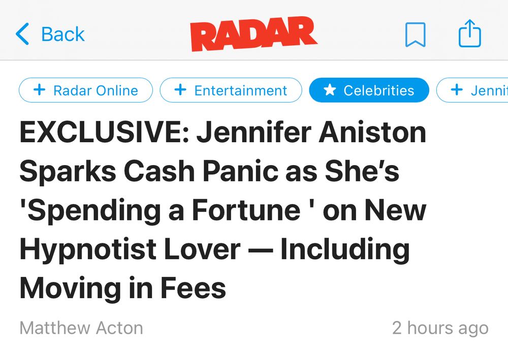 Article headline that says exclusive Jennifer Aniston Sparks cash panic as she's spending a fortune on new hypnotist lover including moving in Fees