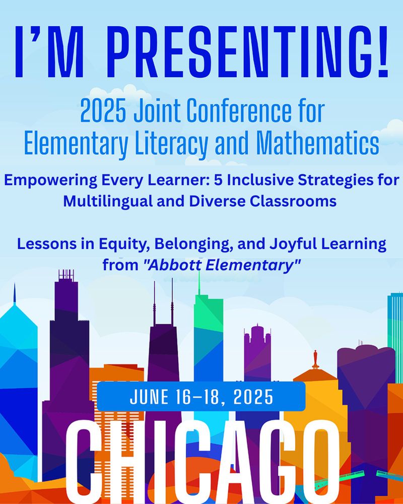 Graphic promoting Brooke Powers' conference sessions at the 2025 Joint Conference for Elementary Literacy and Mathematics in Chicago. Background features colorful cityscape artwork. Brooke’s headshot appears in a small circle. Text reads:

June 16, 1:00–2:15 pm, Salon A-3: Empowering Every Learner: 5 Inclusive Strategies for Multilingual and Diverse Classrooms

June 17, 10:30–11:30 am, Salon 7 & 8: 5 Lessons in Equity, Belonging, and Joyful Learning from "Abbott Elementary."