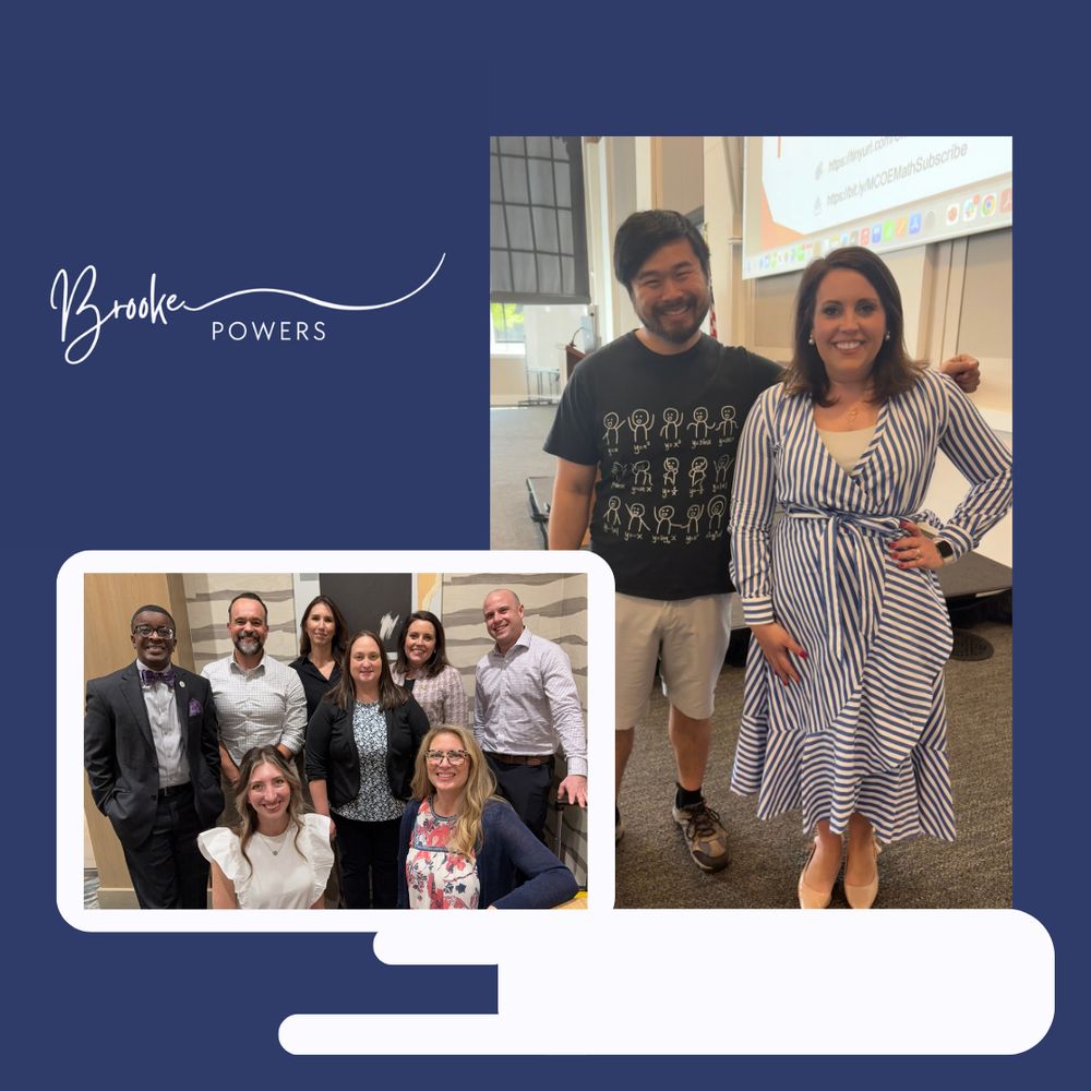 A navy graphic with two photos: Brooke Powers with Howie Hua at a presentation, and a group shot of eight colleagues smiling. Brooke wears a striped dress; Howie a stick-figure tee. "Brooke Powers" is in script at the top left.