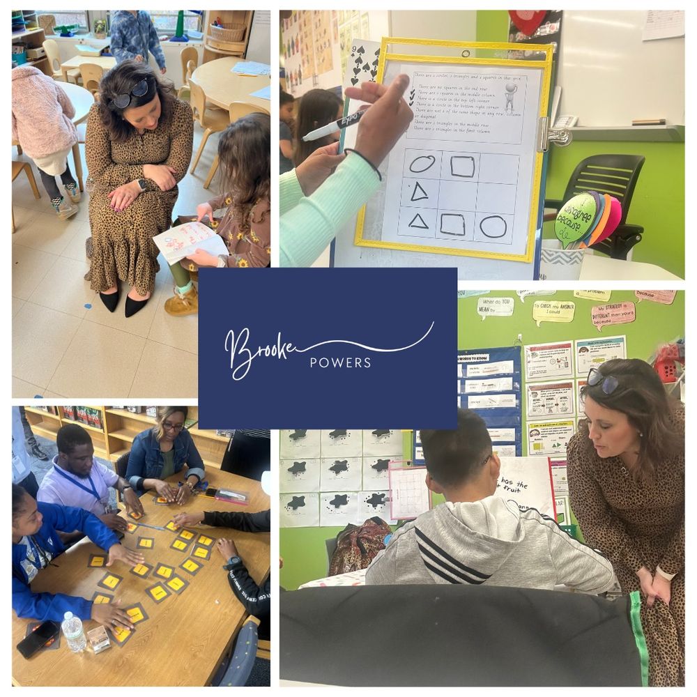 A collage of classroom scenes showing educator Brooke Powers interacting with students and teachers. In one image, Brooke kneels to speak with a young student holding a drawing. Another image shows a student working on a worksheet with shapes. A group of older students and teachers play an educational card game at a table. In another, Brooke leans in to engage with a student in front of a vibrant classroom wall filled with student work and learning charts. The center of the collage features a navy blue logo with the name “Brooke Powers” in elegant script. The scenes depict hands-on learning, inquiry, and strong educator-student connections.