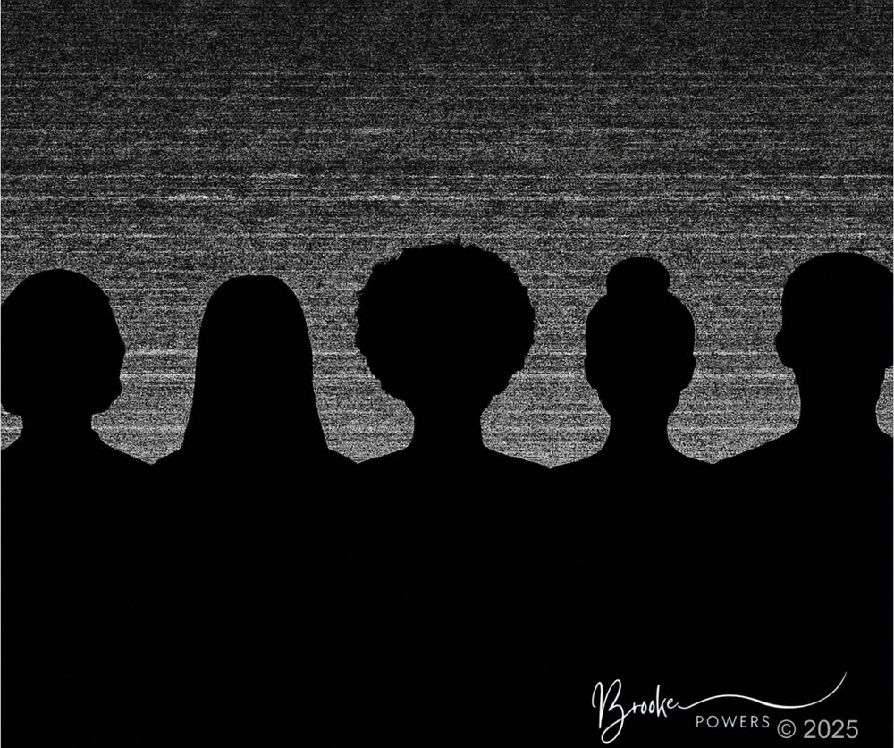 Silhouettes of five people standing side by side against a textured, grayscale static background. Each figure has a distinct hairstyle, suggesting diversity, but no facial features or details are visible."