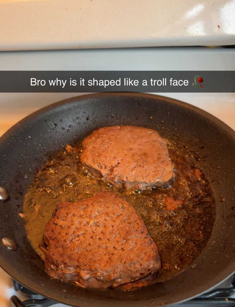 Caption “Bro why is it shaped like a troll face 🥀” over two burgers that look like troll faces mocking me