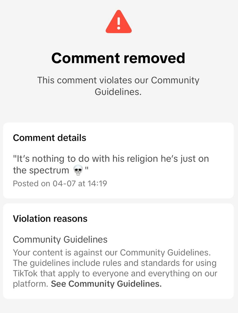 Comment Removed
This comment violates our community guidelines.
Comment Details
“It’s nothing to do with his religion he’s just on the spectrum 💀”
Posted on 04-07 at 14:19