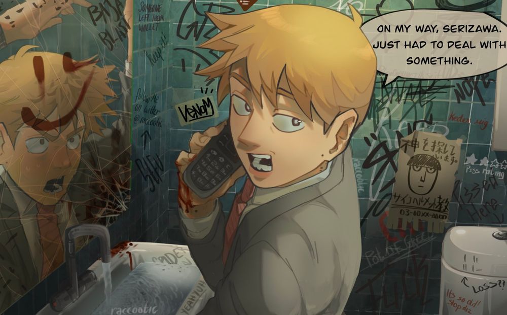 Reigen is in a dirty public bathroom on the phone, but SURPRISE, the actual reigen is in the mirror and the reigen we see is a replacement!!
