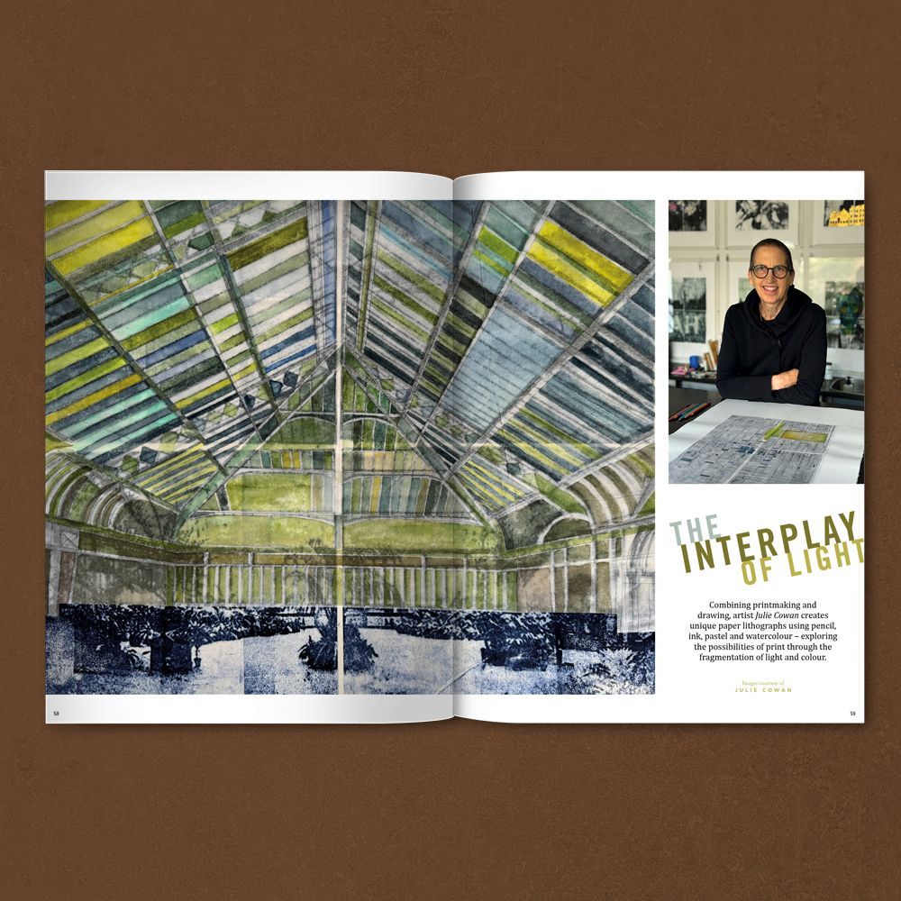 magazine spread of the printmaking practice of Julie Cowan from Printed Matters magazine, Issue 29, with a large image of a hand painted lithograph and a photo of the artist
