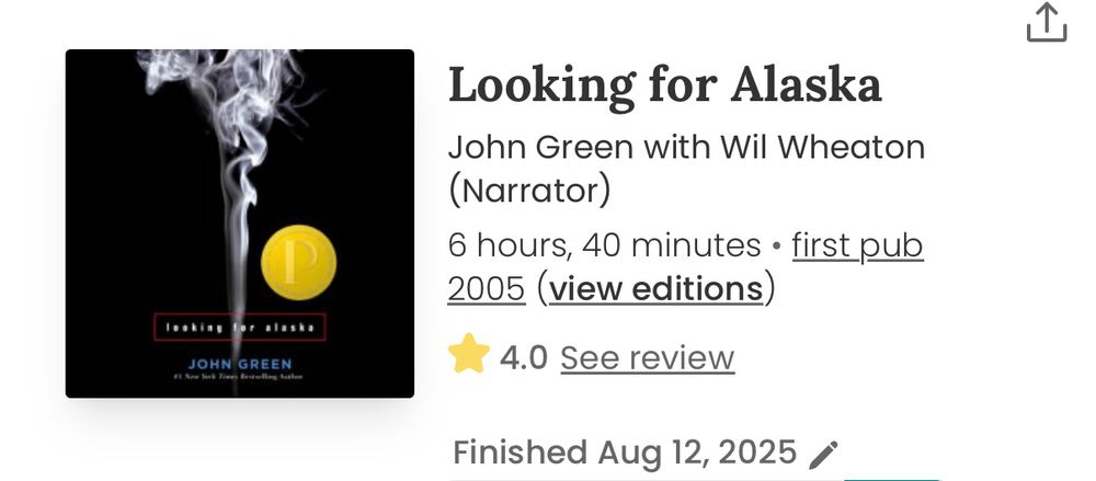 Cover art for Looking for Alaska by John Green. Very minimalistic, a black background with a whisp of smoke flowing up toward the top. 
