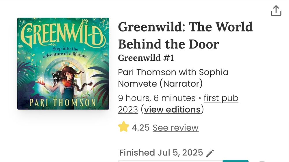 Cover art for Greenwild: The World Behind the Door by Pari Thomas. A brown haired girl dressed in overalls stands with her right hand outstretched with a glowing orb in her palm. A black and white cat sits on her shoulder. She is backlit by an arch door with a stained glass frame. Plants and greenery surround her in the foreground. 