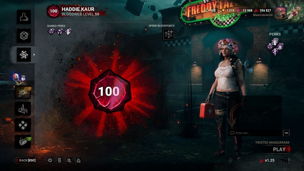 A screenshot of Dead by Daylight gameplay where i have achieved getting Haddie Kaur to prestige level 100, the maximum level a character can be at