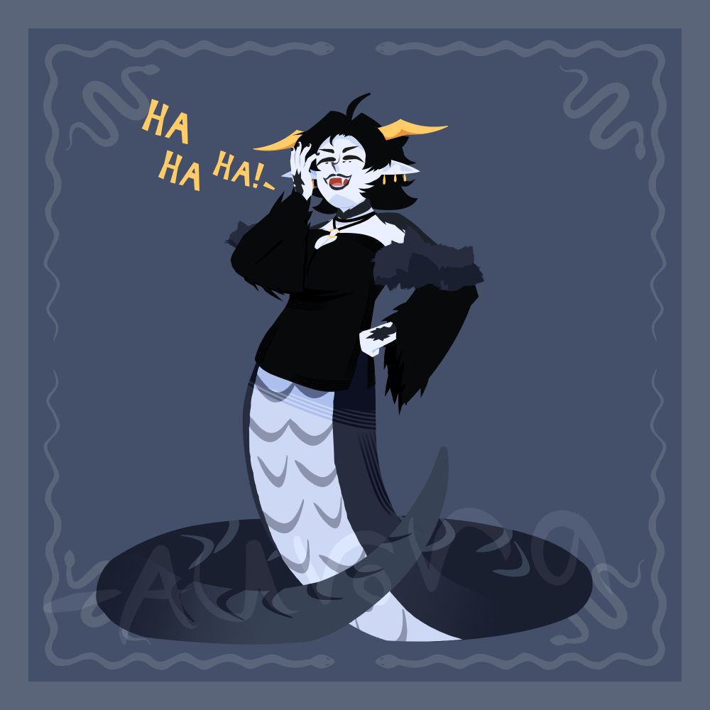 A pale white and blue lamia with yellow horns and dressed in a tattered short black dress with long fluffy sleeves. She has her head titled up and her hand on her hip in a haughty look as she laughs manically at you