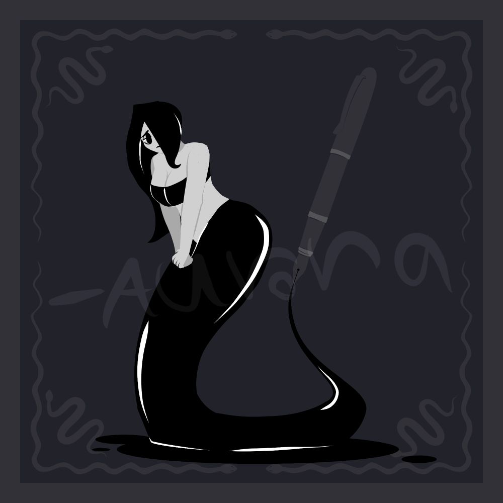 A black and white lamia girl, her hair and tail are made from reflective black ink. She is hunched over looking shy