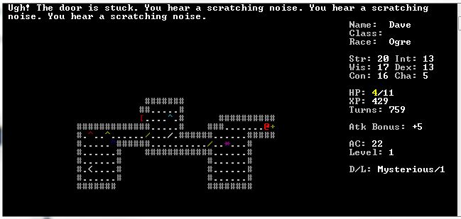 ASCII Dungeon Map from Heroic Adventure Roguelike game, featuring 3 rooms, two hallways and a stuck door.