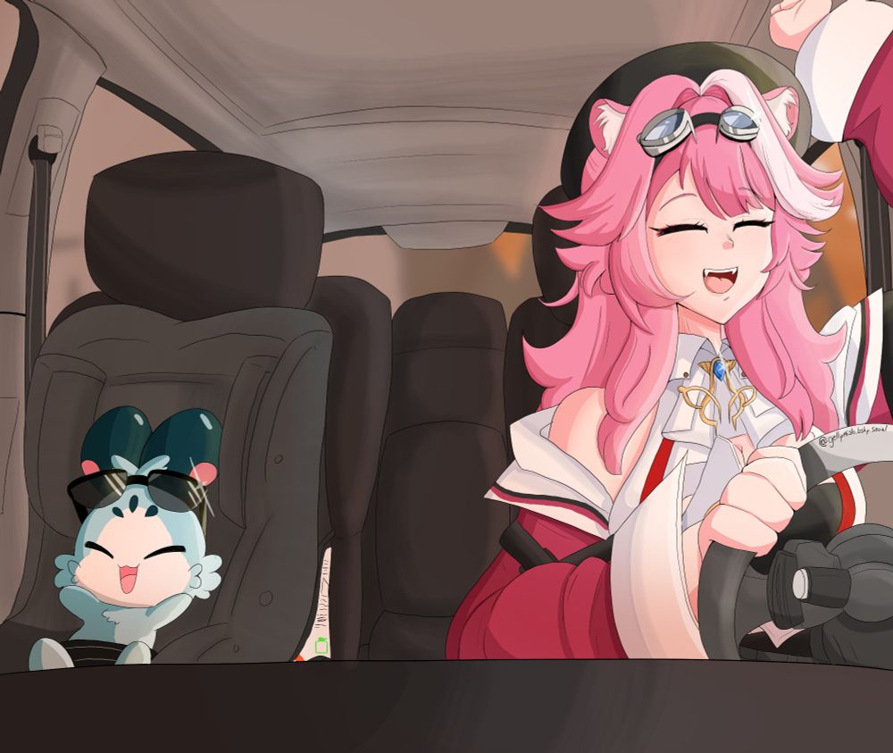 Raora and a Chattino taking a trip in a car, both of them seemingly either laughing or singing. The Chattino is in a child car seat