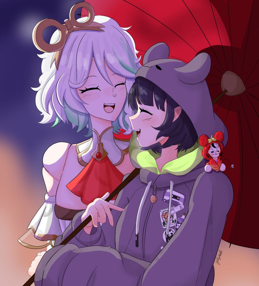 Art depicting the moment with Ninomae Inanis and Cecilia Immergreen (Both from hololive) having a good time sharing an umbrella, with a small Hakos Baelz (Hololive) on Ina's shoulder being ignored