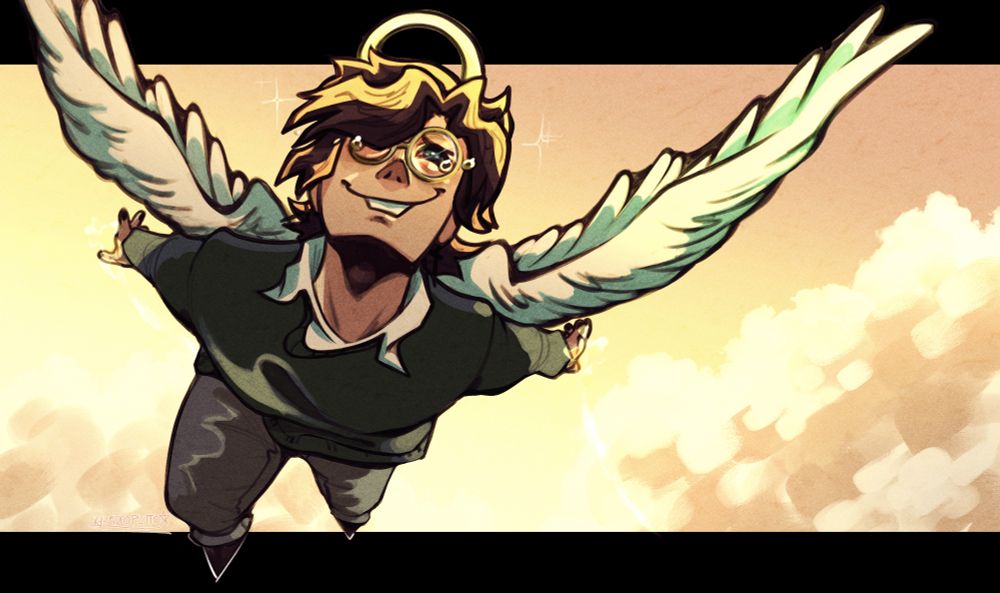 My persona Cupid soaring through golden skies and clouds, crying happy tears