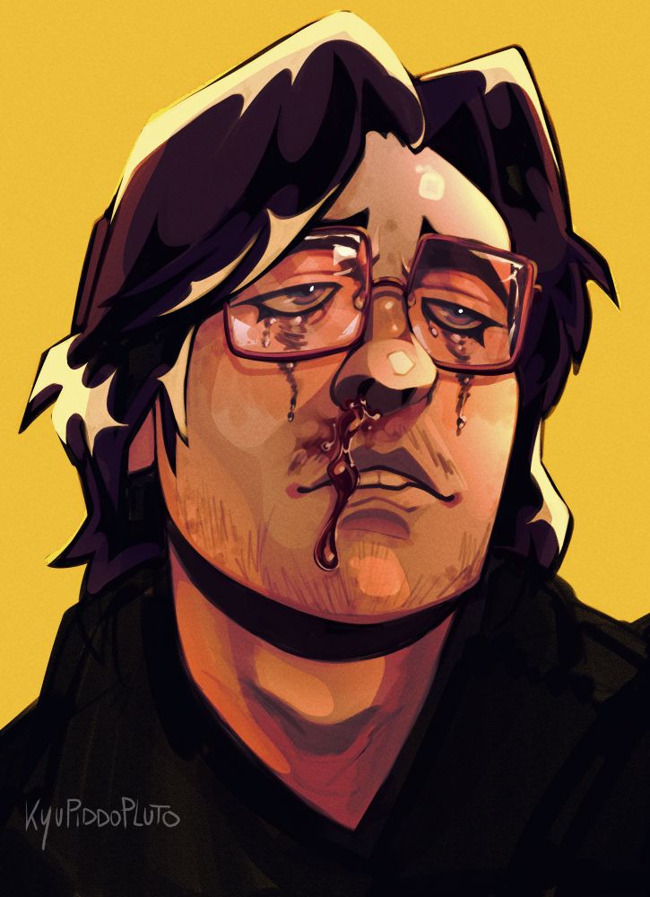 A very yellow-heavy painted portrait of myself looking up and to the right with a very somber expression. I'm also depicted with a bloody nose, and puffy eyes, with mascara running down my face as if I just finished crying.