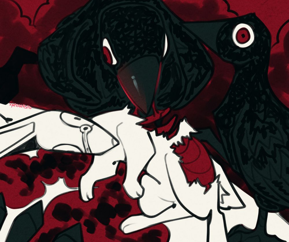 A white rabbit crying while its body is picked apart by crows.