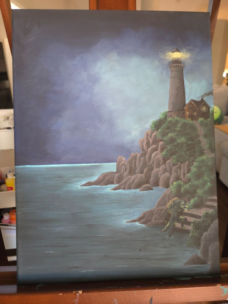 Painting of a lighthouse at night with a deep one coming out of the ocean onto steps leading up to the lighthouse Someone is home, unaware of what lurks.