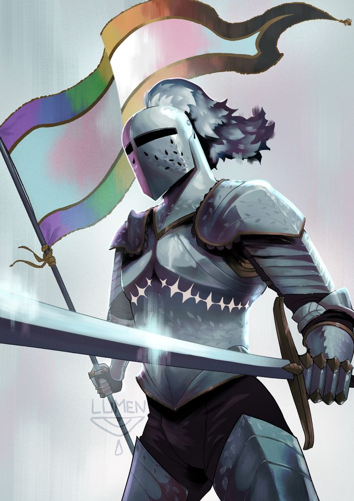 A digital drawing of Ash, a knight OC. They are clad in leaf themed armor, holding up a sword in their left hand and a pride themed banner in their right. 