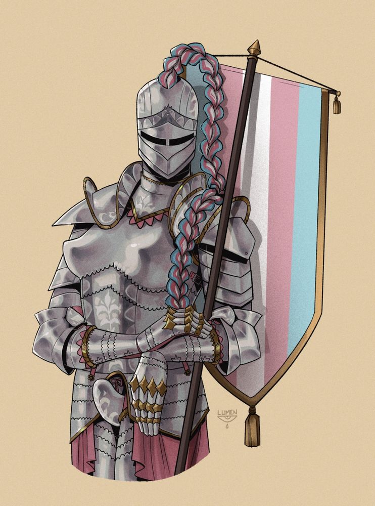 An illustration of a transfem knight holding a banner sporting the trans flag. Her helmet has a long braid and her chestpiece and codpiece are pronounced. The armors overall decoration is leaves and scalloped trims. 