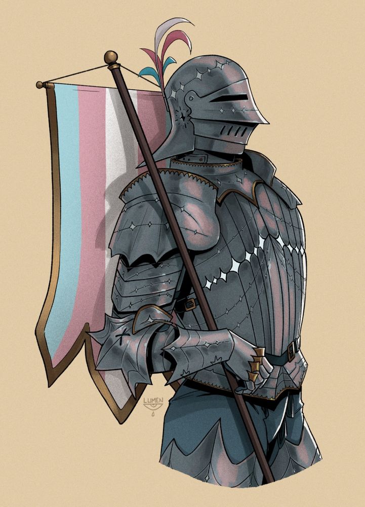 An illustration of a transmasc knight, holding a banner sporting the trans flag. His armor is a darker color and star themed, with a row of white stars where top surgery scars would be. 