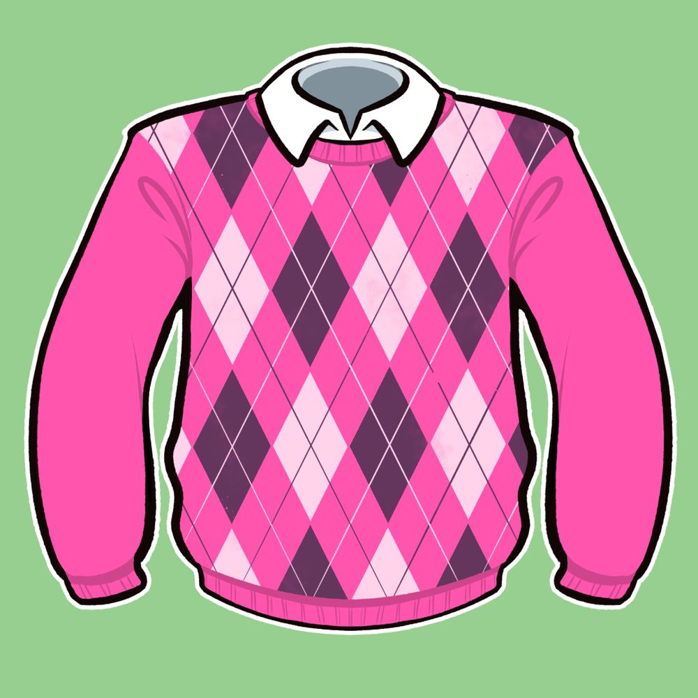 A pink argyle sweater, on a pale green background