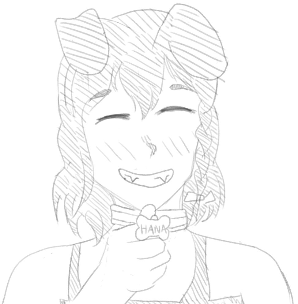 Drawing of my sona holding a bone shapped pendant written "Hana"