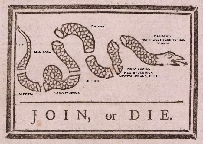 Etching of a snake cut into pieces. The original, from 1754, had the initial of the original British American colonies beside the pieces. This one has been altered to have the names of the 10 Canadian provinces and three territories.