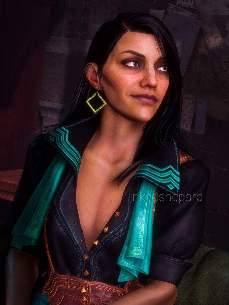 Neve Gallus a female character with black shoulder length hair, wearing a black shirt with teal stripes on the collar, and a green silk scarf sits in her office looking off somewhere to her left.