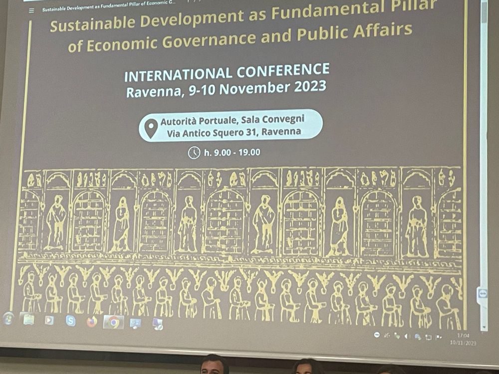 Photo shows the conference title, dates and details with a picture derived from a motif of one of Ravenna’s famous motifs