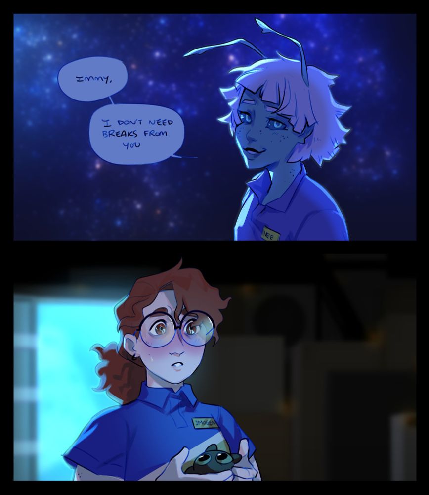 Screencap redraws from Dep Space Discount Episode 4. The top panel is of Vee, standing in front of a window to space, saying "Immy, I don't need breaks from you." The bottom panel is of Immy, holding her companion Beep, looking back with a flushed face and illuminated by the stars and the dimensional fridge behind her.