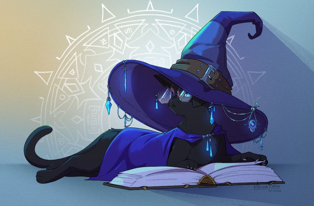 A black cat with brilliant blue eyes sits on an open book, one paw gently curled around a page. She wears a purple cloak and a wide-rimmed wizard's hat adorned with silver and blue crystals.