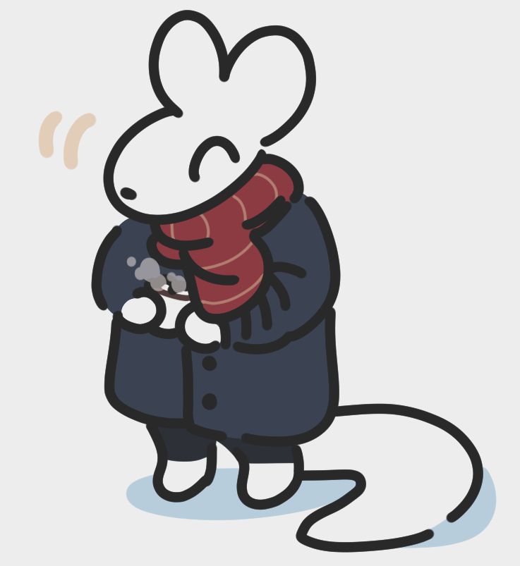 ホットチョコレートを楽しんでいる白い動物の落書き。// doodle of a white animal character enjoying a hot chocolate.