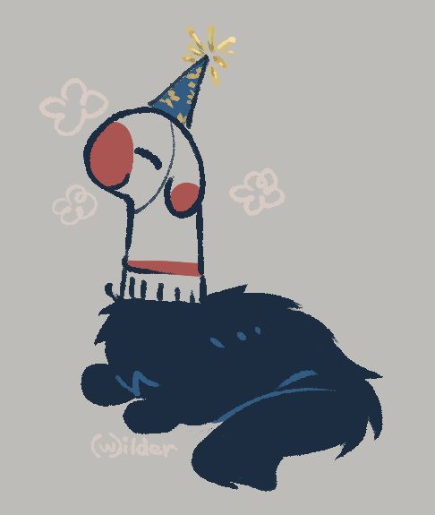 little doodle of a sock headed creature wearing a party hat and appearing quite happy