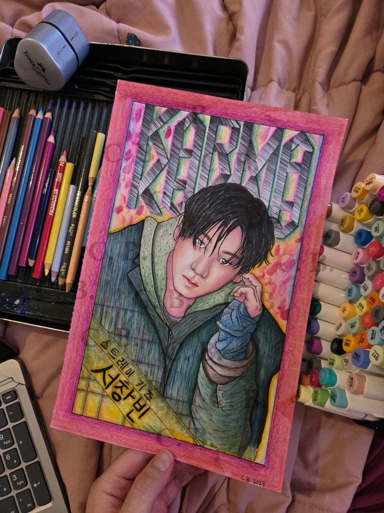 A drawing of Changbin. I used alcohol markers and colours pencils. On the bottom left corner it says "Stray Kids. Seo Changbin" in Korean.