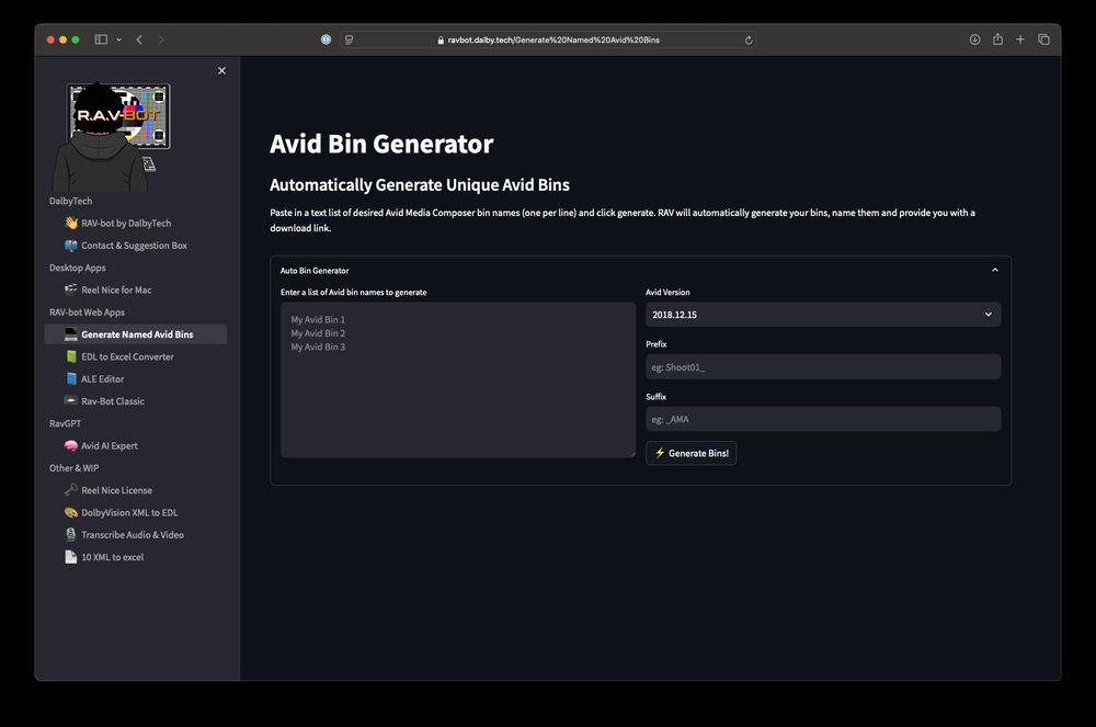 RAV-bot's Avid Bin Generator