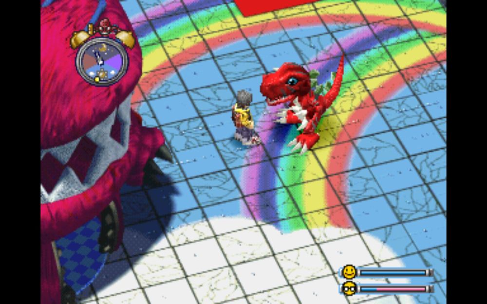 digimon world screen shot of main character with their Tyrannomon partner