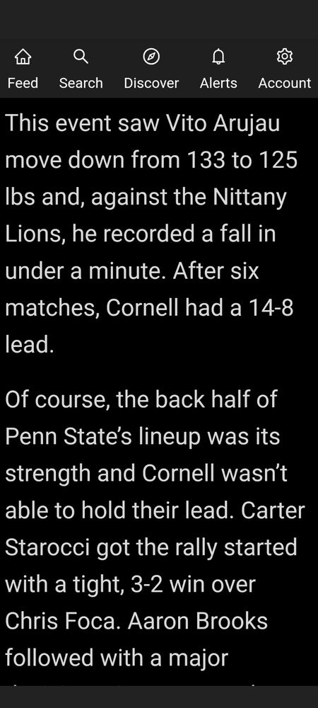 Words describing Penn State Wrestling having once been  behind in a college dual. 