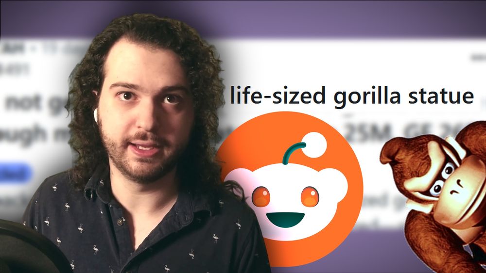 a youtube thumbnail with my face and a blurred reddit post with the only legible text saying: "life-sized gorilla statue". superimposed on the image is the reddit logo and a png of donkey kong