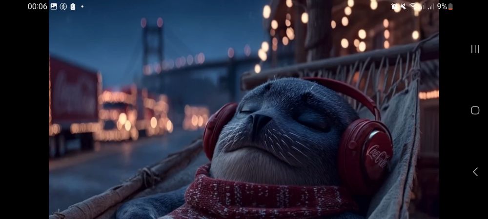Ai generated seal wearing headphones that have the coo clio (coca cola) logo on them 