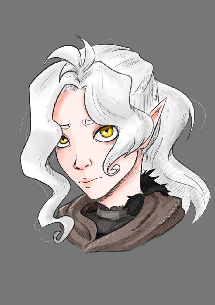 Elfo de Dungeons and Dragons de pelo blanco y ojos dorados.