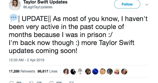 taylorswiftupdates on Twitter announcing she was away bc she was in prison for refusing to join the idf