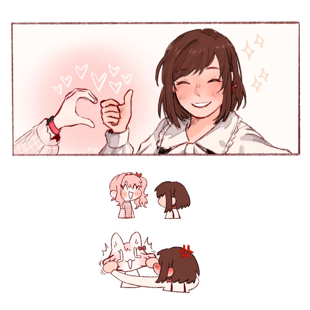 mizuki photobombs ena's selfie with a half heart hand to ena's thumbs up. ena turns to see mizuki's grinning face and is overwhelmed with rage and pinches mizuki's cheeks.
