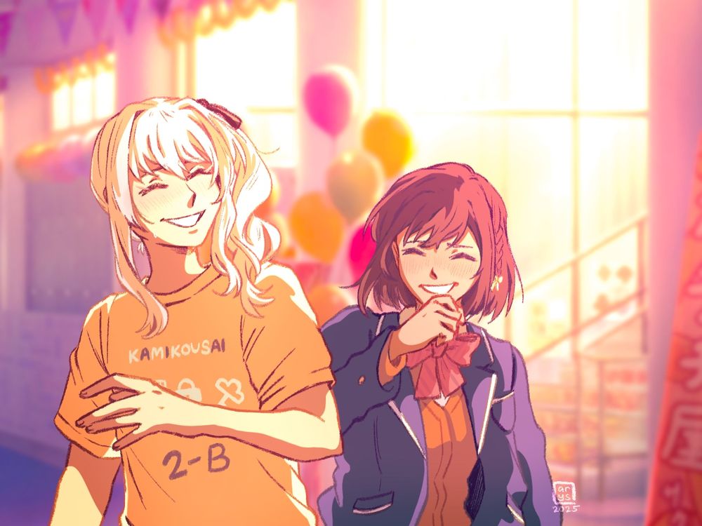 mizuki and ena laughing in a sunset-lit corridor right after the school festival. all their worries gone, for just a moment... however brief it may be.