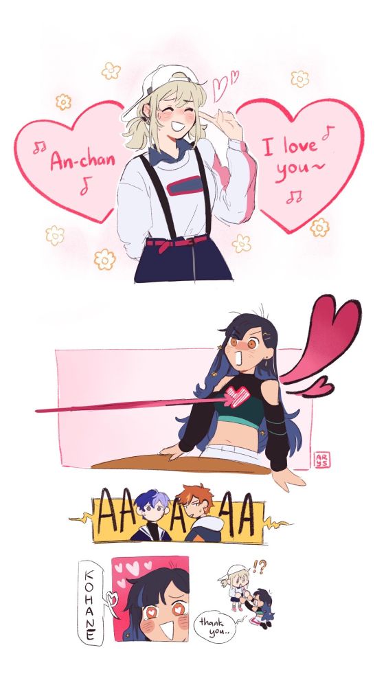 A 4-panel comic featuring Kohane, An, with Akito and Toya in the background.

The first panel shows Kohane saying in a cute singsong voice, “An-chan, I love you.” 

The second panel shows An’s reaction, to which she is being shot in the heart with an arrow. Jaw dropped and flustered.

The third panel shows both Akito and Toya’s faces mildly annoyed and confused respectively while An’s intense shriek rings out.

The fourth panel shows An, heart-eyes, on her knees, thanking Kohane. Kohane is surprised and understandably confused.
