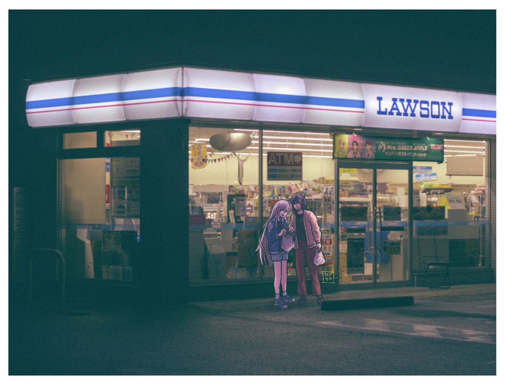 Kanade and Mafuyu stand just outside a convenience store, in the dark of night. Its blinking fluorescent lights the only thing illuminating them as they check the plastic bags in hand.